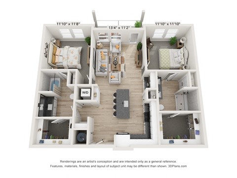 Floor plan for 2 beds, 2 baths, 1155 sqft